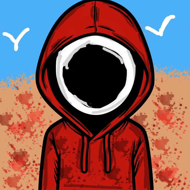 a person with non face waering a hoodie with a small umbrella symbol
