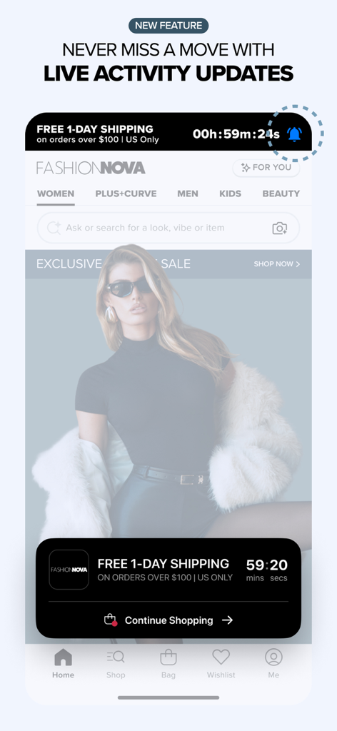 Fashion Nova: Trendy Shopping - 무료 배송 카운트다운 타이머와 실시간 활동 업데이트를 보여주는 패션 노바 앱 인터페이스