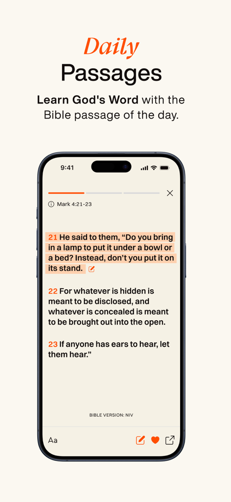 Glorify app screen displaying a daily Bible passage from the book of Mark on a mobile device