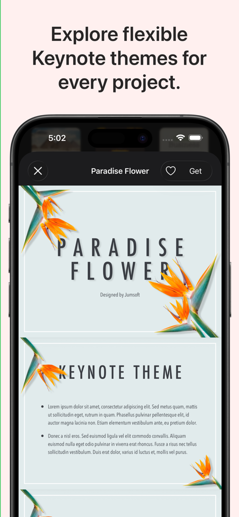 Vista previa del tema Keynote Flor del Paraíso dentro de la aplicación Toolbox for iWork en un iPhone.