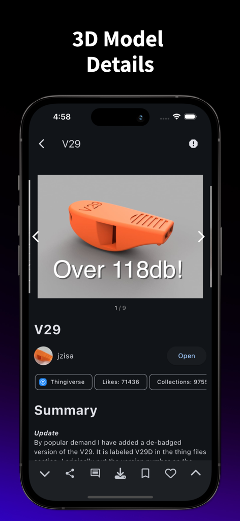 Interfaccia dell'app mobile che mostra la vista dettagliata di un modello 3D fischiettante stampabile con informazioni sul creatore e sulla piattaforma