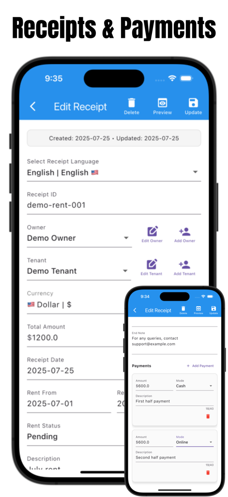Rent Receipt Maker: House Rent - Mobile app interface showing rent receipt editing and payment history tracking