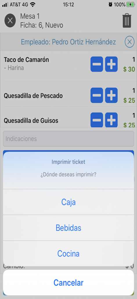 Tela do POS móvel Vende YA! mostrando opções de impressão de pedidos de comida e bilhetes para cozinha e caixa.