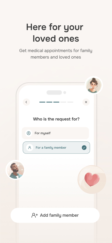 Doctr: Virtual Care - Mobile app screen showing options to book medical appointments for family members and loved ones
