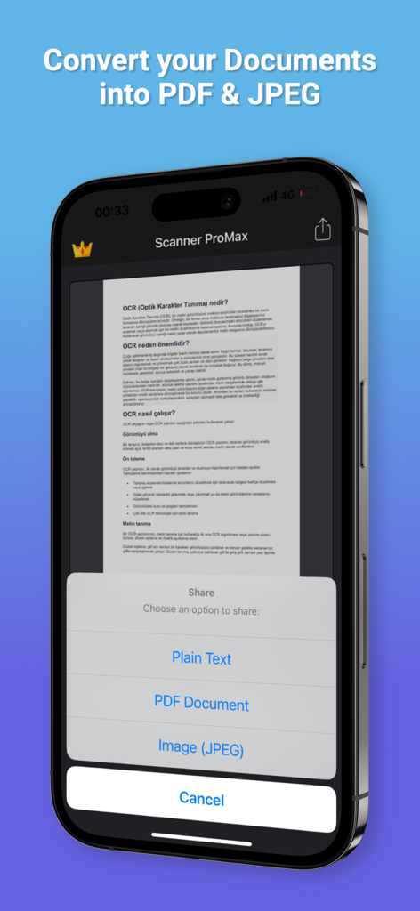 Scanner ProMax : PDF Converter - Scanner ProMax mobile app showing options to convert documents to PDF and JPEG