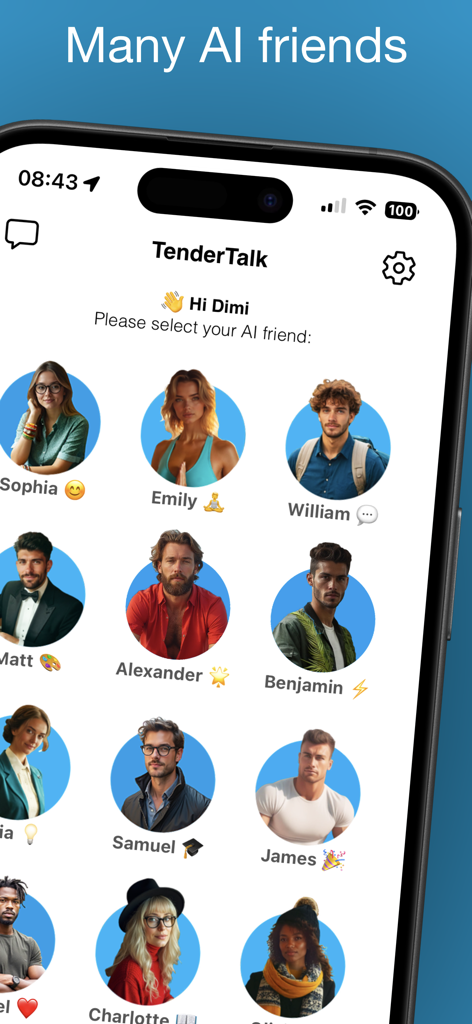TenderTalk AI Video Calls - Selection screen showing a variety of diverse AI companion avatars with names in the TenderTalk app.