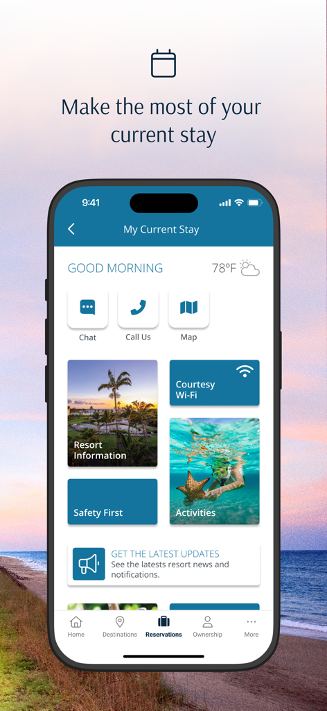 Vistana Signature Experiences app screen showing guest services and stay management options