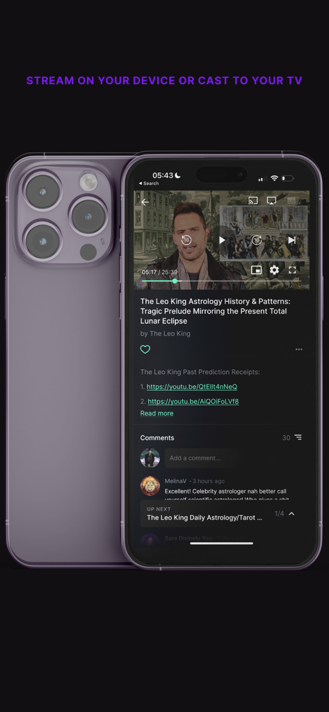 High Vibe TV Spiritual Network - iPhone screen displaying an astrology video featuring The Leo King on the High Vibe TV Spiritual Network app