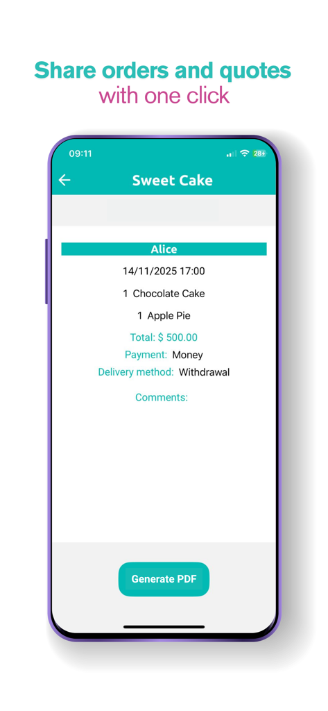 Cake - Schedule - Captura de pantalla de la app Cake - Schedule mostrando un resumen de pedido de cliente con un botón para generar un presupuesto en PDF.
