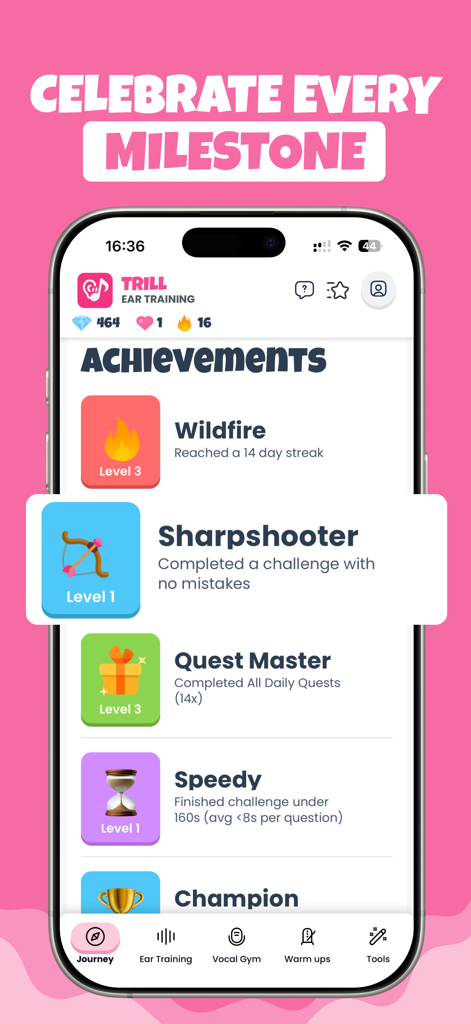 Achievements screen in the Trill ear training app showing gamified badges for streaks and accuracy milestones