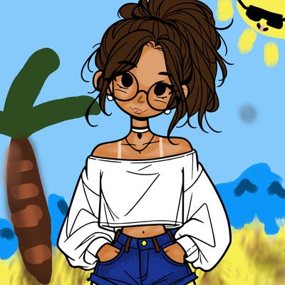 girl with a messy ponytail glasses a baggy crop top and jean shorts