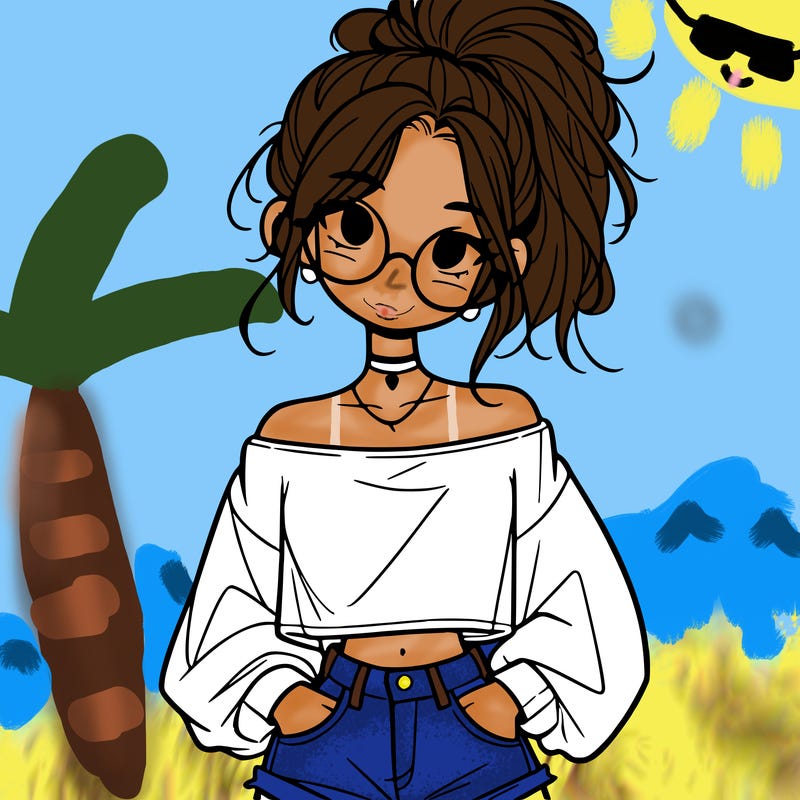 girl with a messy ponytail glasses a baggy crop top and jean shorts