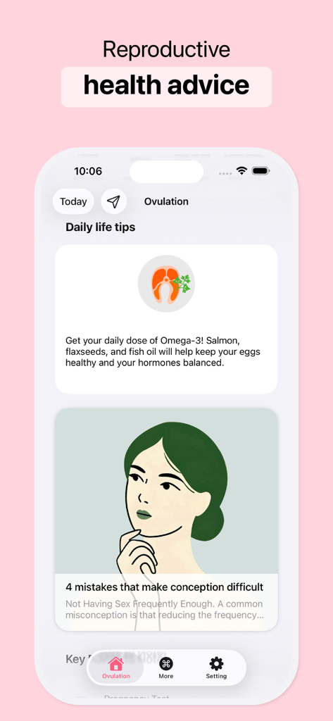 Écran de smartphone montrant des conseils quotidiens sur la santé reproductive et des articles de conception pour les futures mères