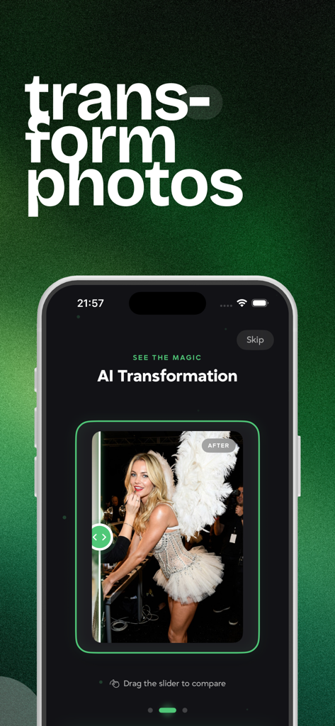 Prompt Market: AI Studio - Prompt Market AI Studio app screen demonstrating AI photo transformation with a slider tool