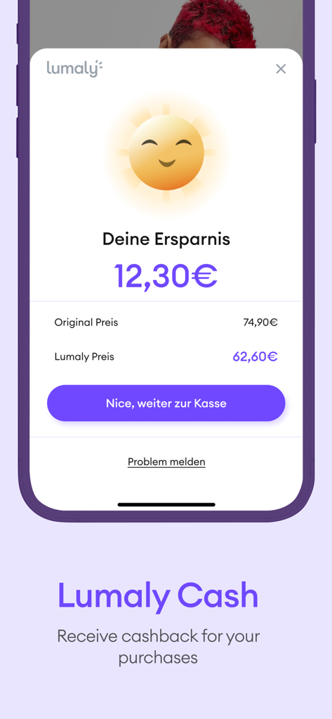 Lumaly - Lumaly App-Oberfläche, die Preisnachlässe durch automatische Coupons und Cashback-Informationen zeigt