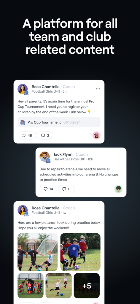 Capture d'écran de l'application Abler affichant un flux avec des annonces de l'entraîneur concernant les tournois et les changements de lieu d'entraînement aux côtés de photos de football de jeunes