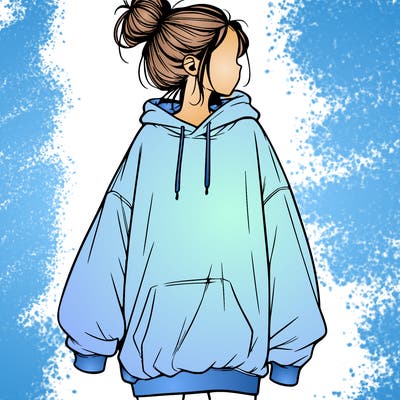 realistic girl with a oversized sweatshirt on and a bun