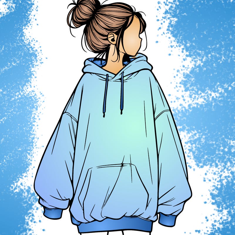 realistic girl with a oversized sweatshirt on and a bun