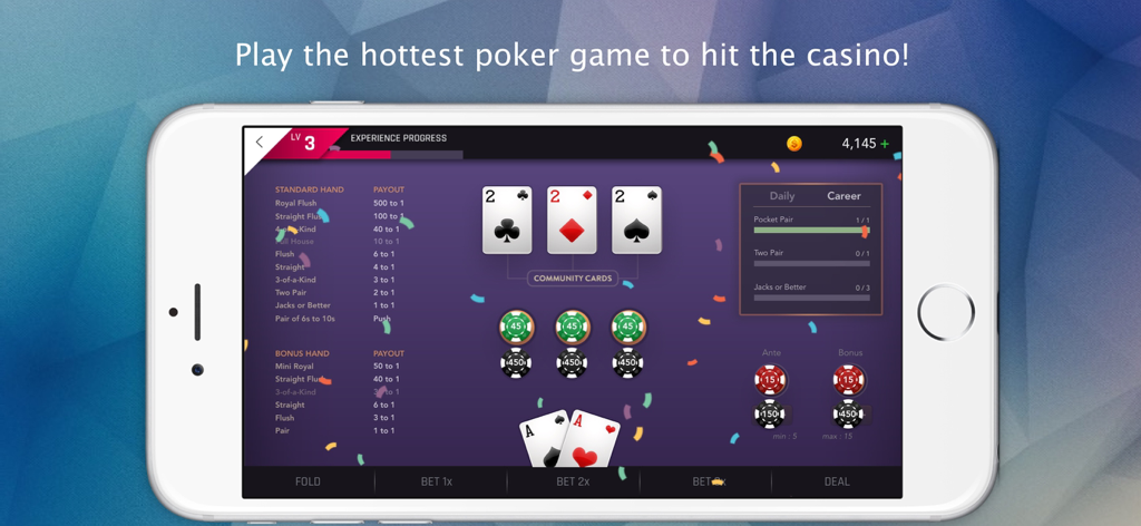 미시시피 스터드 프리미엄 모바일 포커 게임, 커뮤니티 카드 및 커리어 진행 상황 표시