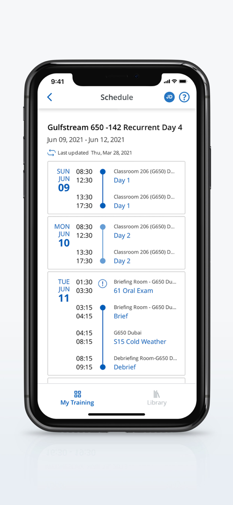 CAE Crew Training App Zeitplan mit Pilotenschulungssitzungen für einen Gulfstream 650-Flugzeugtyp