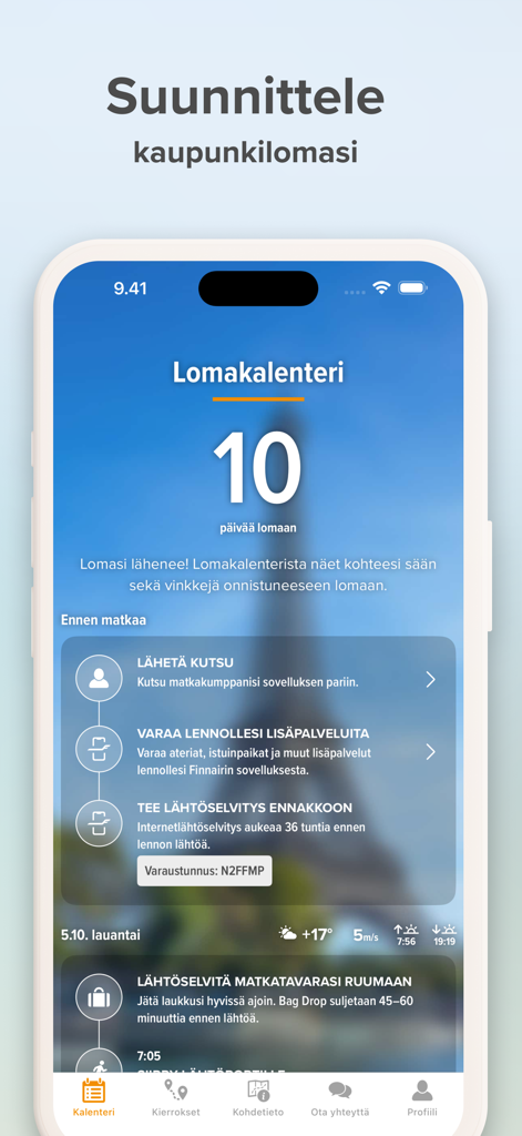Aurinkomatkat - Aurinkomatkat mobile app display showing a holiday countdown calendar and travel checklist for a city break