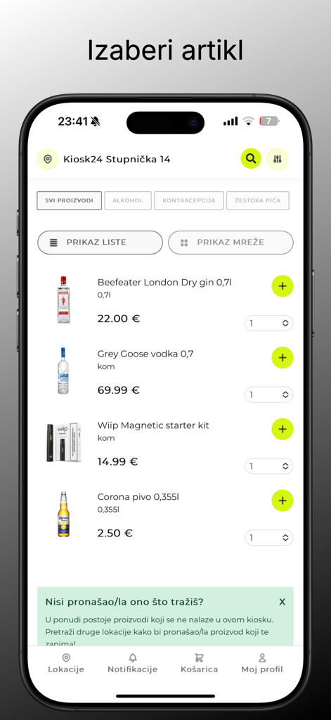Kiosk24 - Mobile app interface displaying a list of convenience items including alcohol and starter kits with prices and add-to-cart buttons.