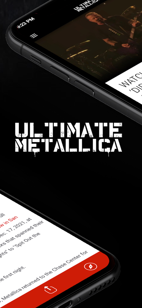 Ultimate Metallica - Ultimate Metallica mobile app displaying band news and a live concert video on two smartphone screens.