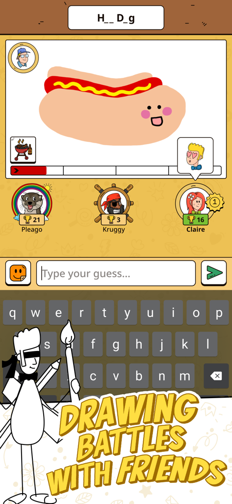Scribble It! Draw & Guess - Mobile gameplay of Scribble It showing a hotdog drawing and guess the word interface with player rankings