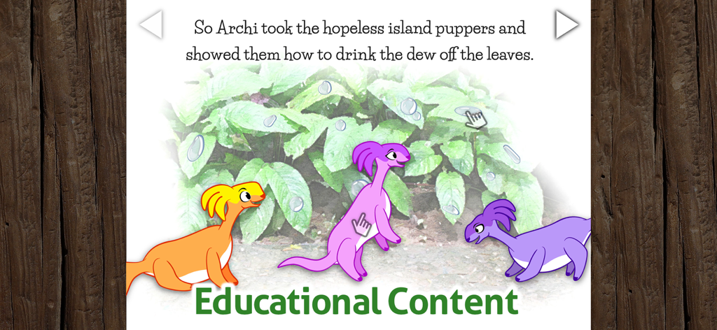 Read Along Book - Archi - Página interactiva de libro de cuentos para niños que presenta a Archi el dinosaurio y contenido educativo.