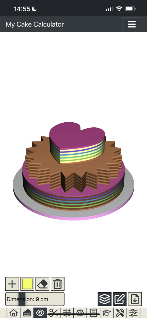 A 3D preview of a multi-tiered custom cake with heart and star shapes and rainbow layers