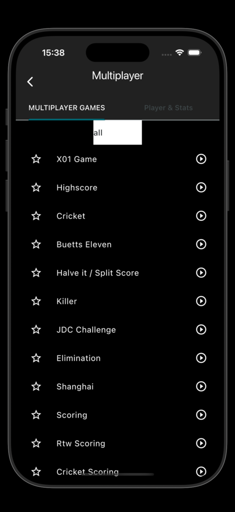 My Dart Training (Premium) - A list of multiplayer dart game modes in the My Dart Training app menu including X01, Cricket, and Killer.