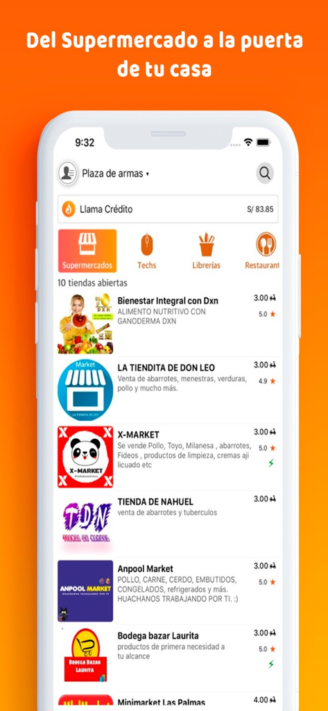 Llamafood app interface showing a selection of local supermarkets and grocery stores for home delivery