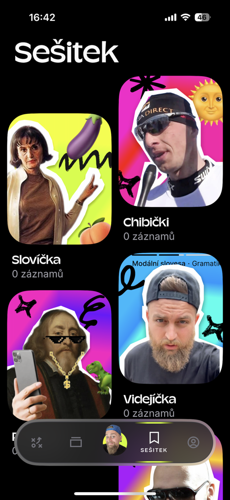 Kuba - English parťák do kapsy - Sesitek menu in the Kuba English app with categories for vocabulary mistakes and videos