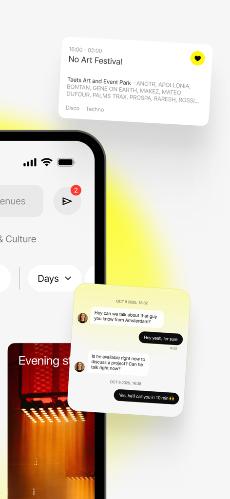 The Amsterdam Dance Event app featuring event listings and a chat message interface.