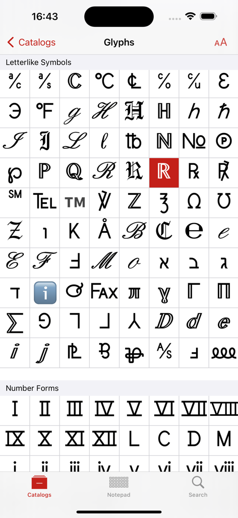 Unicode Pad Pro with keyboards - Grid view of letterlike symbols and Roman numerals in the Unicode Pad Pro app