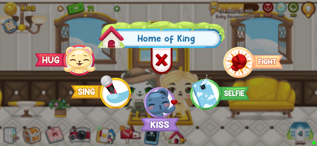 Happy Pet Island - Social interaction menu in Happy Pet Island game showing options to hug, sing, kiss, and take selfies with pets.