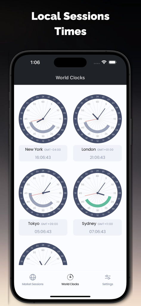 Interface de l'application Forex Hours montrant les horloges mondiales pour les sessions de trading de New York, Londres, Tokyo et Sydney.