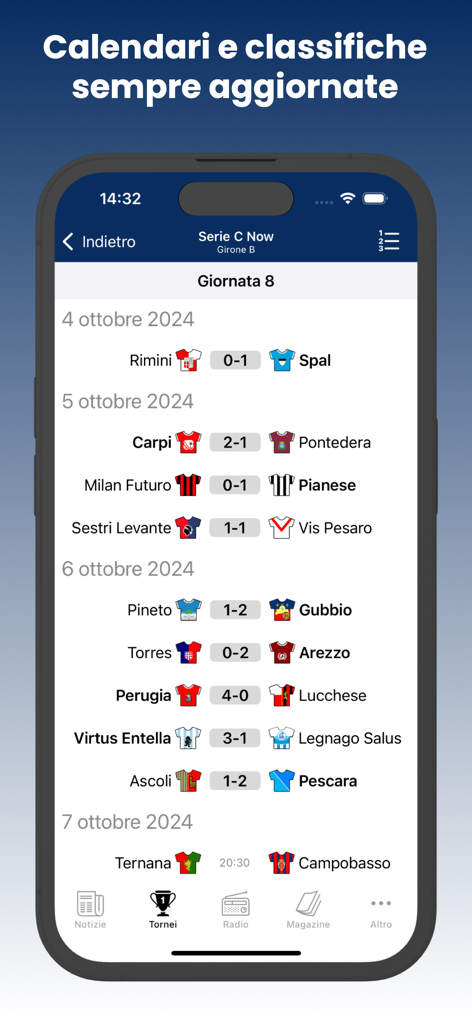 Resultados y calendario de partidos de fútbol de la Serie C italiana en la interfaz de la aplicación móvil Tutto C.