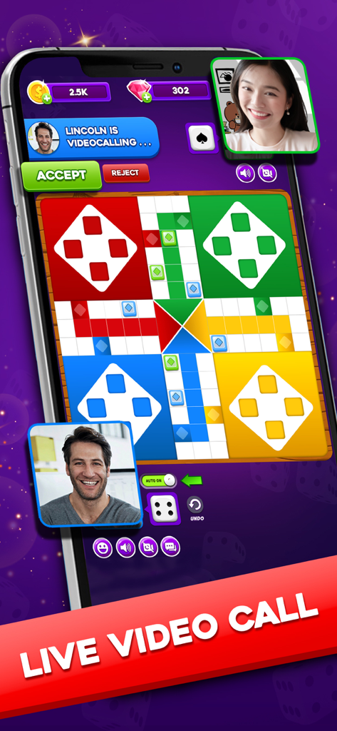 Smartphone screen showing the Ludo Lush game board with two players on a live video call