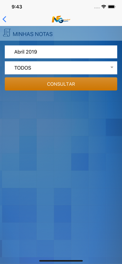 Nota Fiscal Gaúcha - Oficial - Search screen in the Nota Fiscal Gaucha app showing filters for month and invoice type