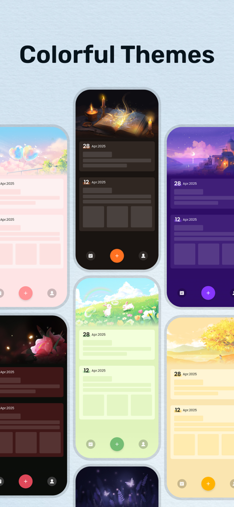 Una colección de temas estéticos y coloridos para la aplicación de diario Mi Diario