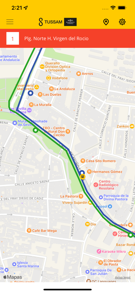 Map interface of AppTUSSAM showing bus route lines and stops in Seville