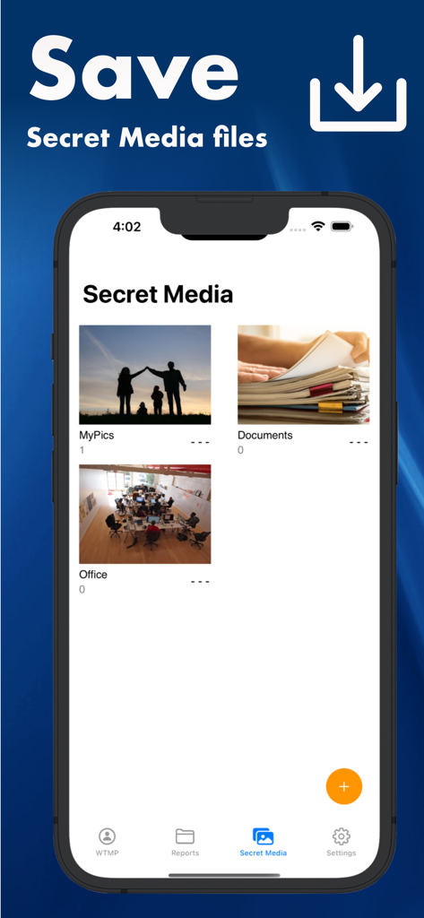 WTMP - Who Touched My Phone. - Captura de pantalla de la bóveda de medios secretos de la aplicación WTMP que muestra carpetas de fotos y documentos privados en la pantalla de un teléfono inteligente.