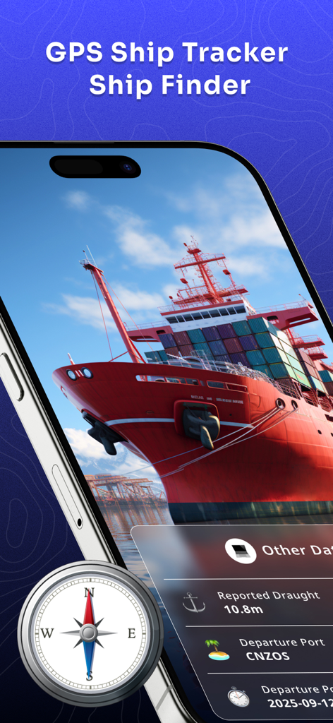 Ship Traffic app interface showing GPS ship tracker and vessel finder with cargo ship data