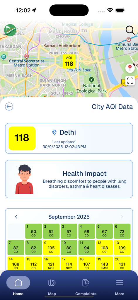 Sameer India's AQI - Interfaz de la aplicación Sameer que muestra el índice de calidad del aire de Delhi de 118 con avisos sobre el impacto en la salud y el calendario histórico