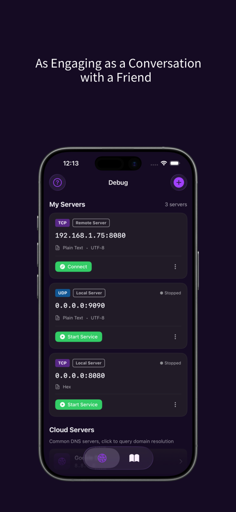 SocketChat - TCP&UDP Debug - App SocketChat che mostra l'interfaccia di debug del server TCP e UDP su iPhone