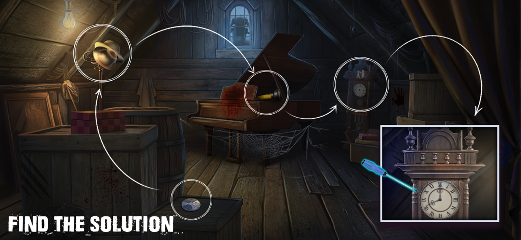 Amnesia－Escape Room Detective - Gameplay screen of Amnesia Escape Room showing an attic puzzle with a piano and a clock