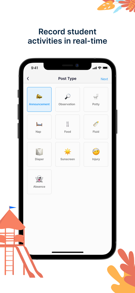 Mobile app interface showing options for teachers to record student activities like meals and naps