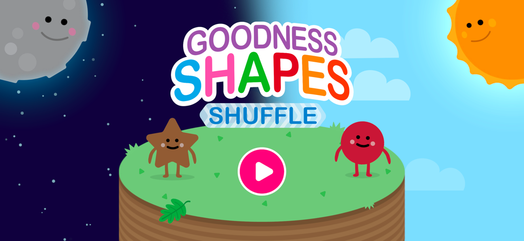 Goodness Shapes Shuffle - Pantalla de título de Goodness Shapes Shuffle con adorables personajes de estrellas y círculos con un fondo de sol y luna