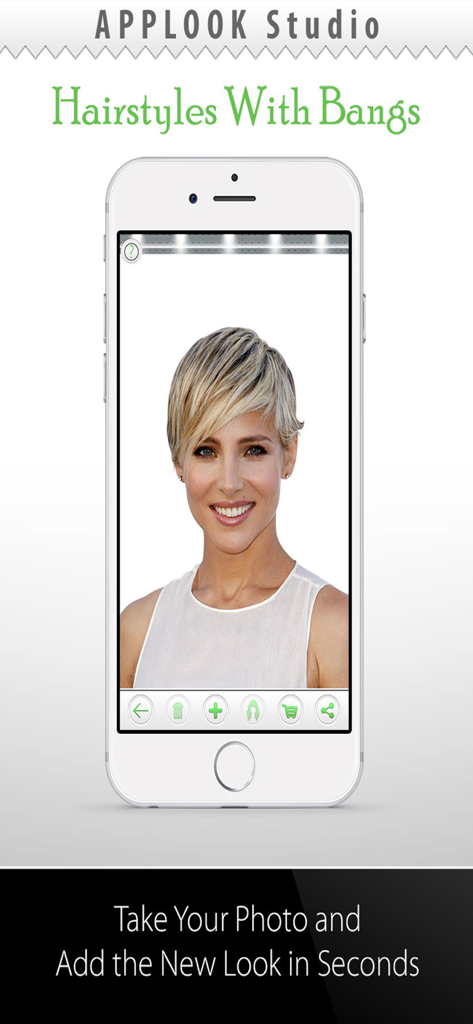 Hairstyle Try On With Bangs - Smartphone exibindo o aplicativo Teste de Penteado com Franja apresentando uma mulher com um corte pixie loiro